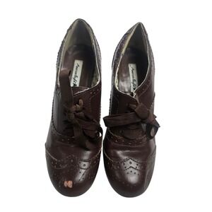 American Eagle Heeled Oxfords Womens 7W Brown Fair Brogue Ribbon Lace Up Shoes